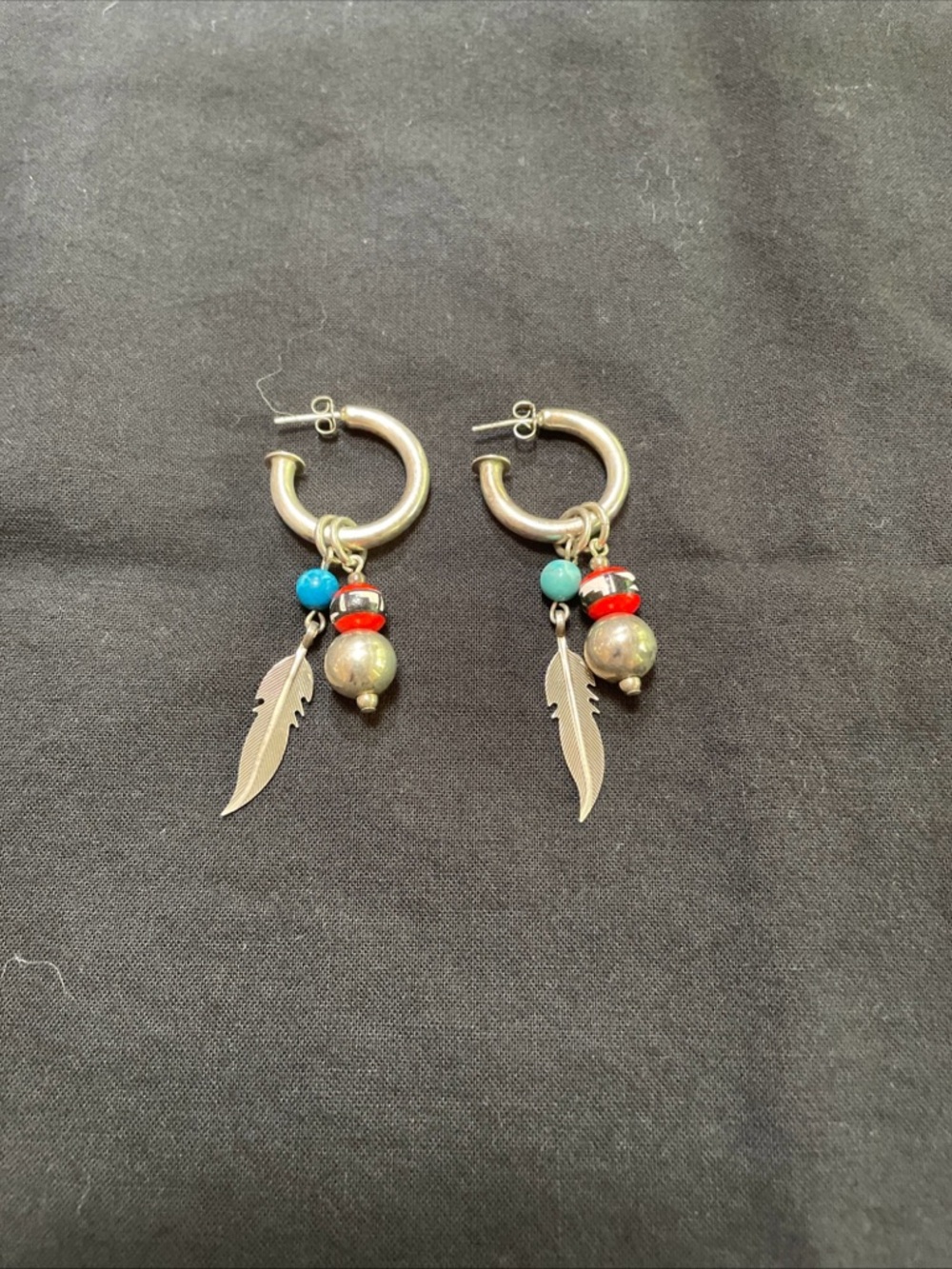 SU 925 Sterling Silver Feather Hoop & Dangle Earrings Turquoise Coral Tone Beads